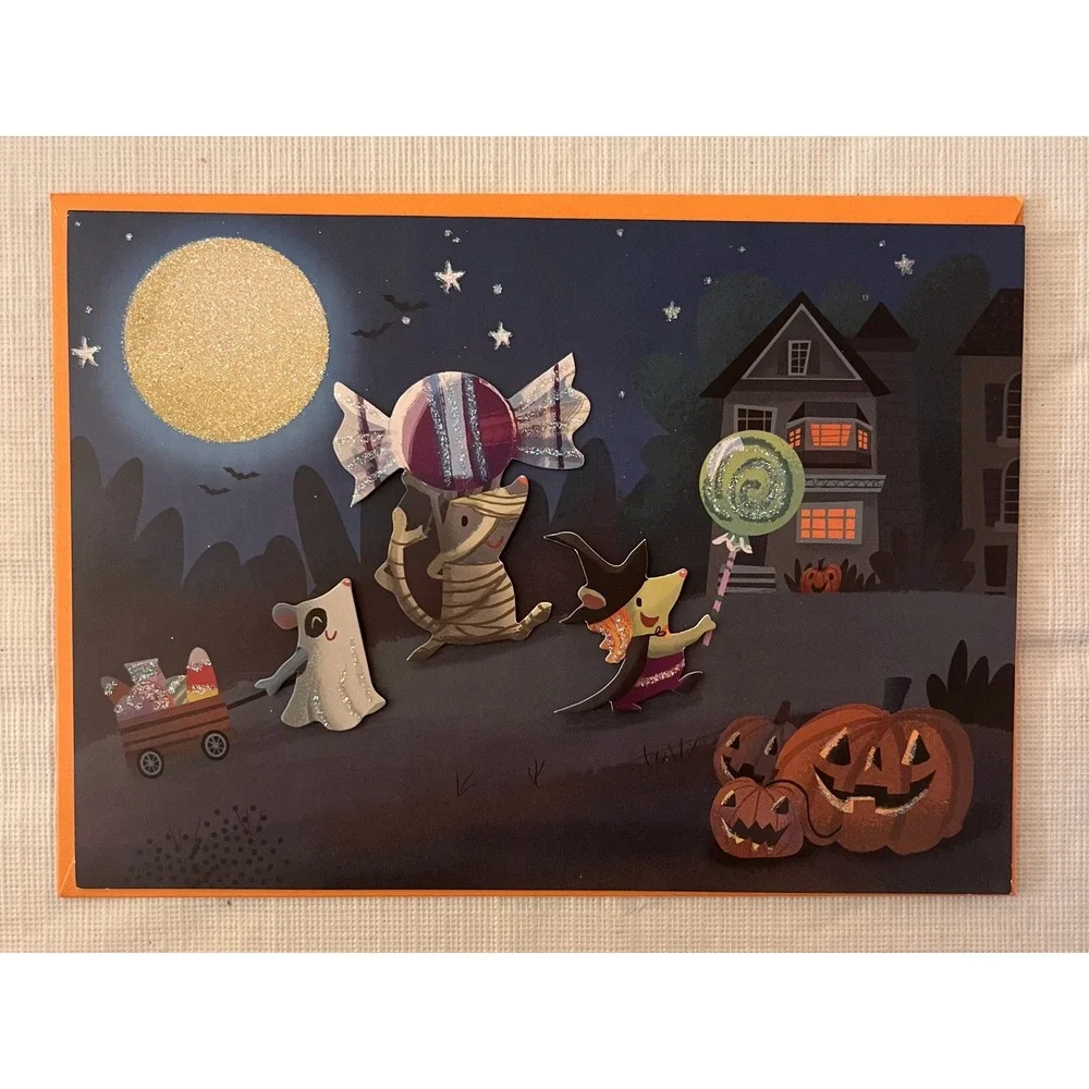 Halloween Greeting Card Set of 3 Glitter Sugar Skull Humor Trick or Treat Mice